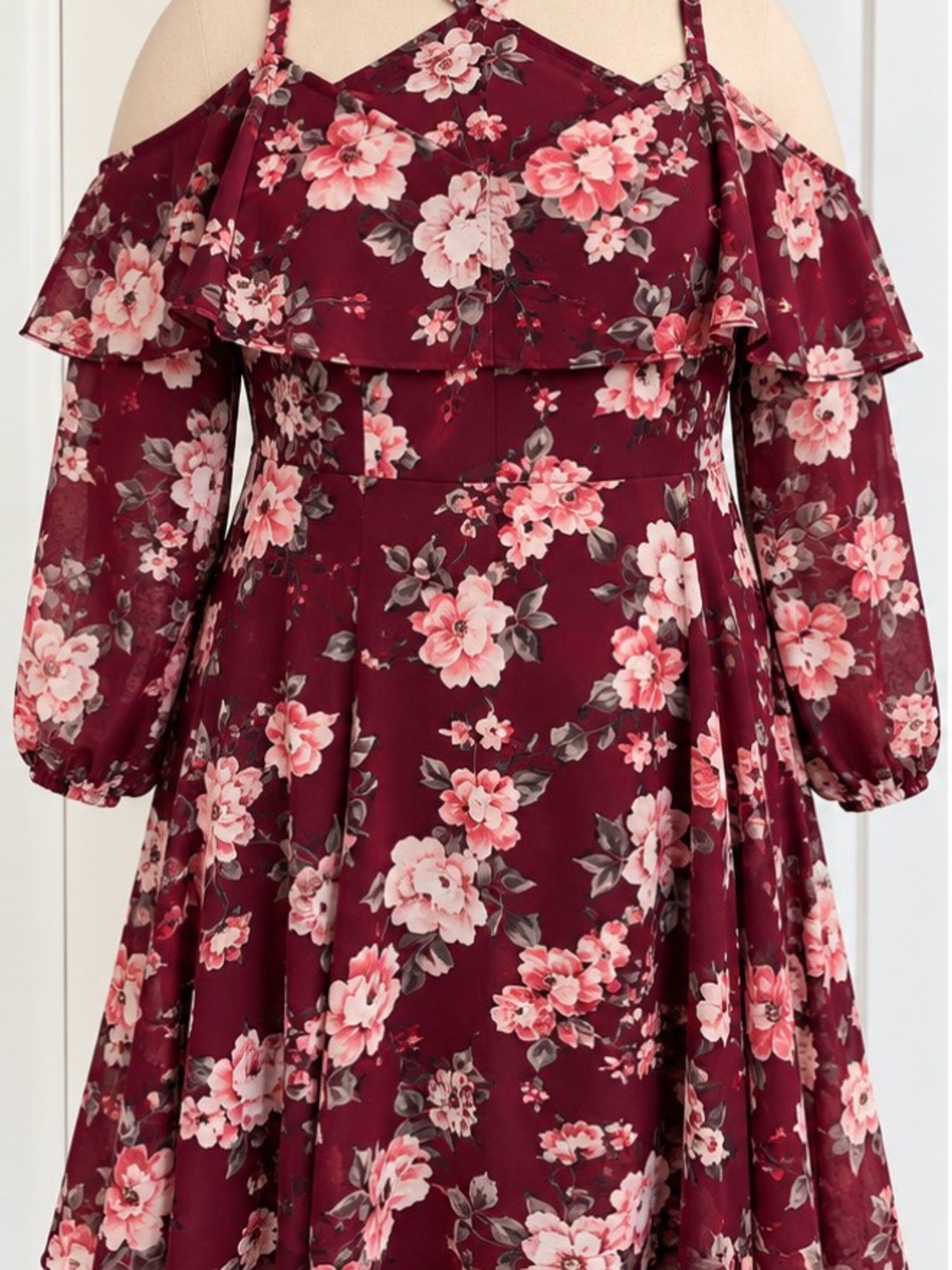 torrid Burgundy Floral Cold-Shoulder Ruffle Midi Dress